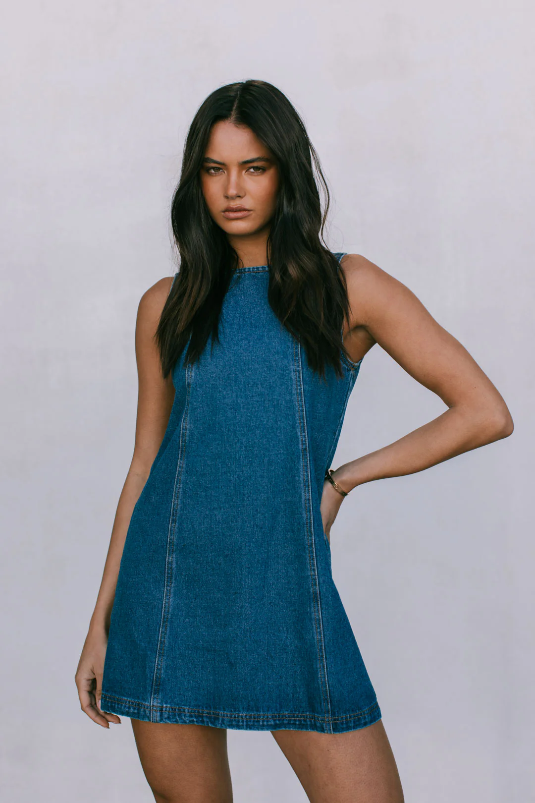 Blaire Mini Denim Dress Dark Blue Wash - Image 19