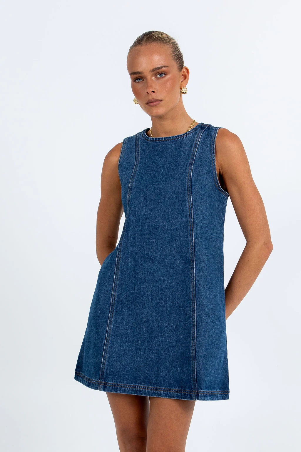 Blaire Mini Denim Dress Dark Blue Wash - Image 4