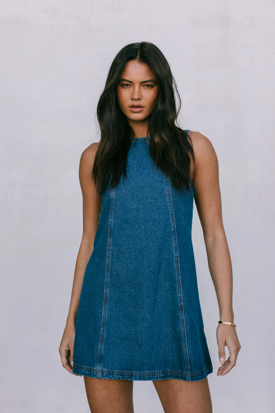 Blaire Mini Denim Dress Dark Blue Wash - Image 9