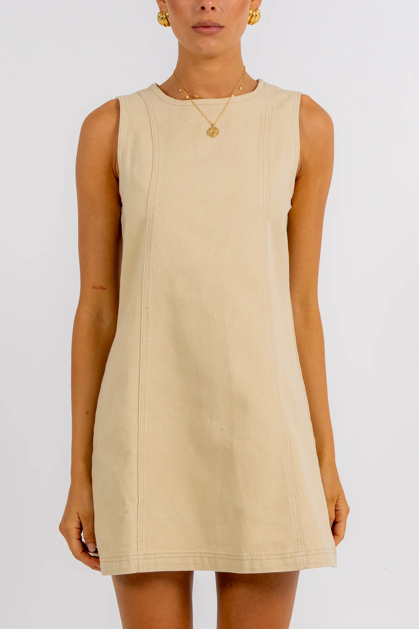 Blaire Mini Denim Dress Sand - Image 3