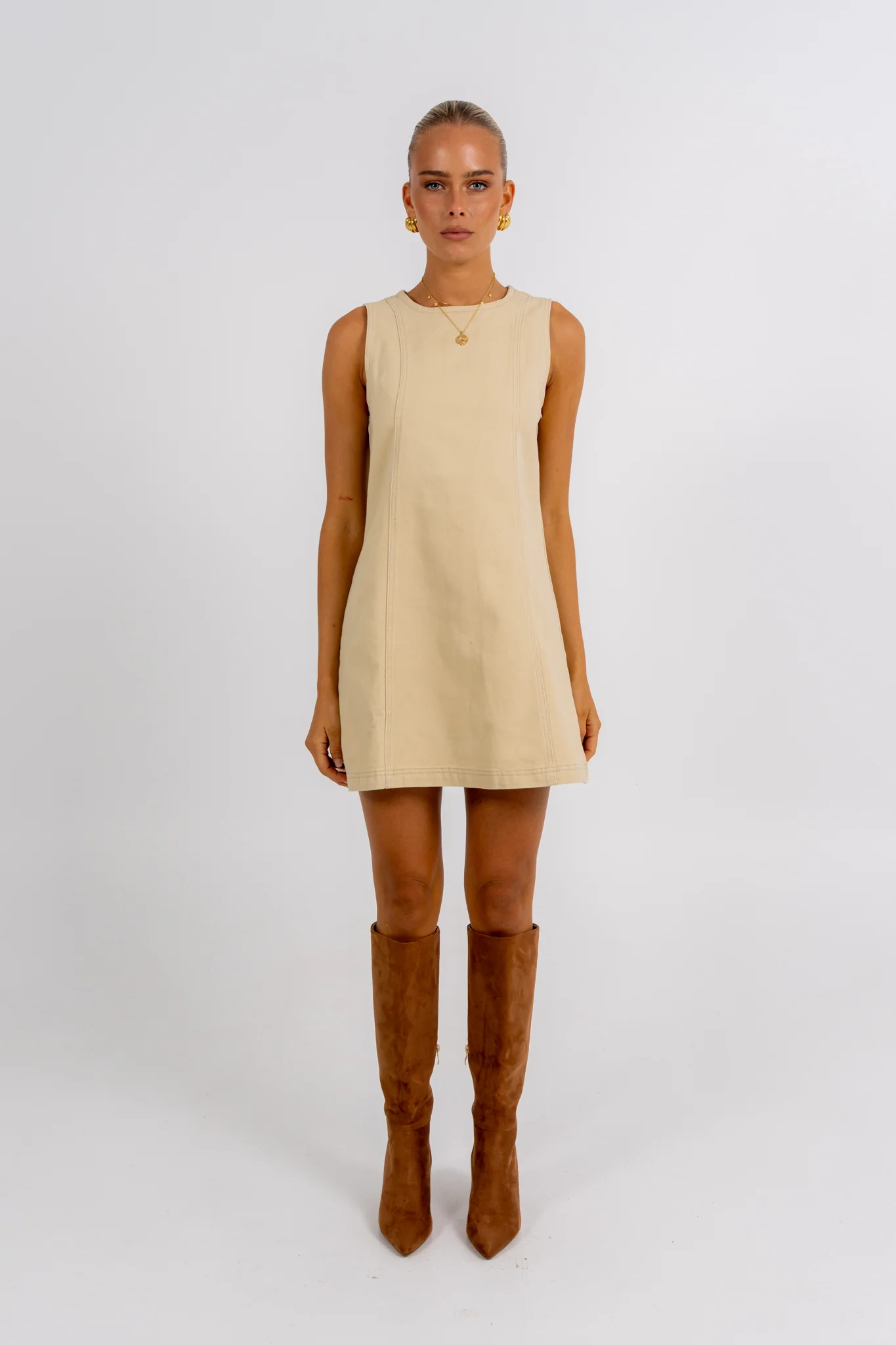 Blaire Mini Denim Dress Sand - Image 6