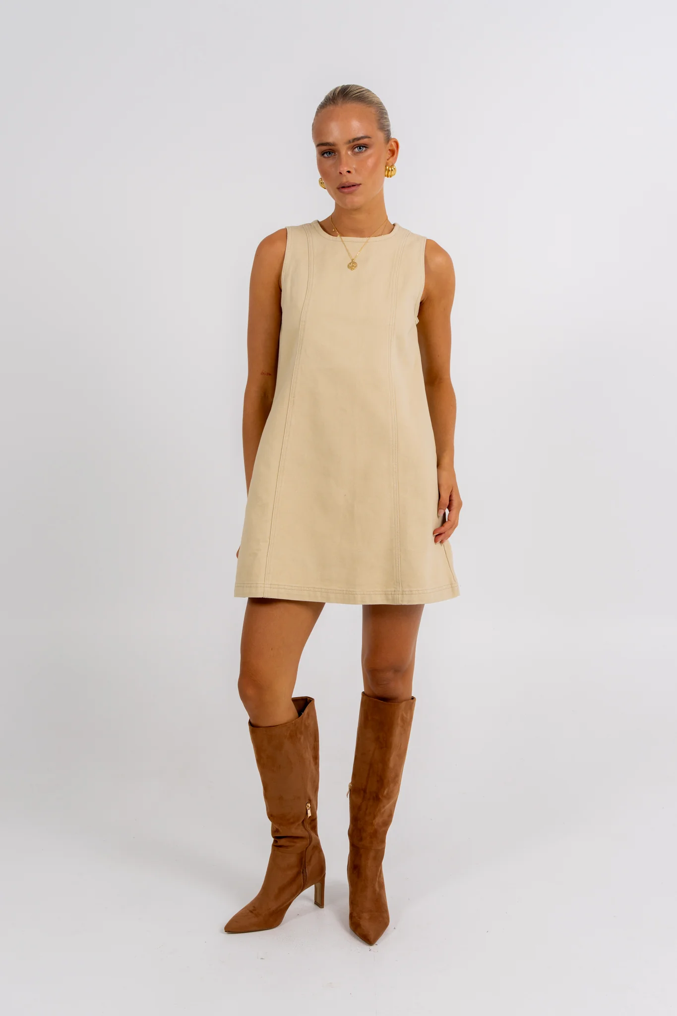Blaire Mini Denim Dress Sand - Image 7