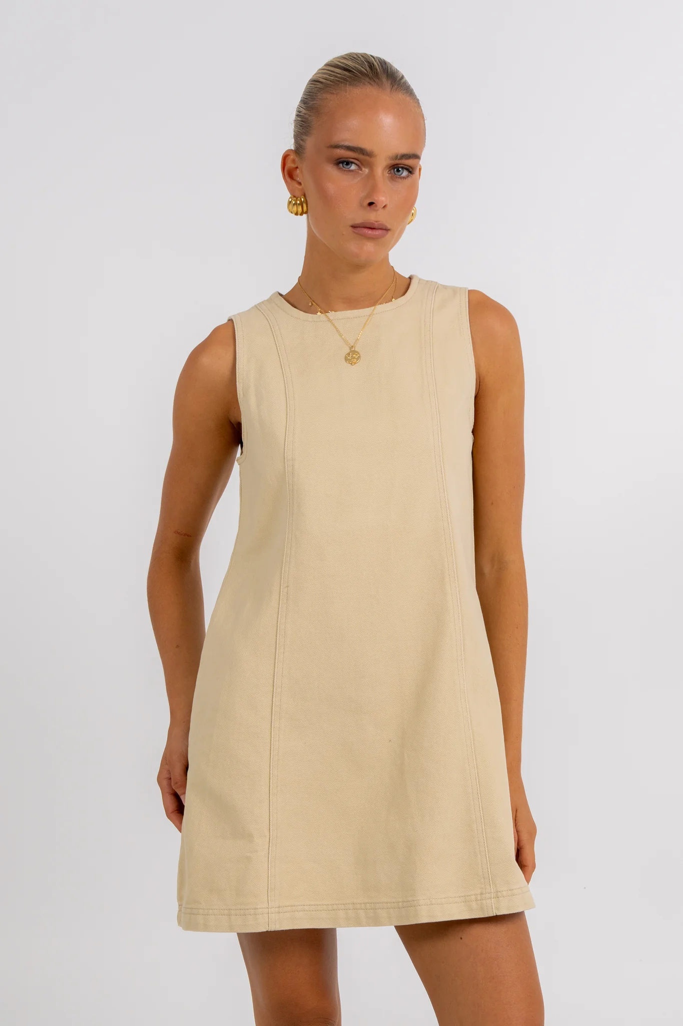 Blaire Mini Denim Dress Sand - Image 8