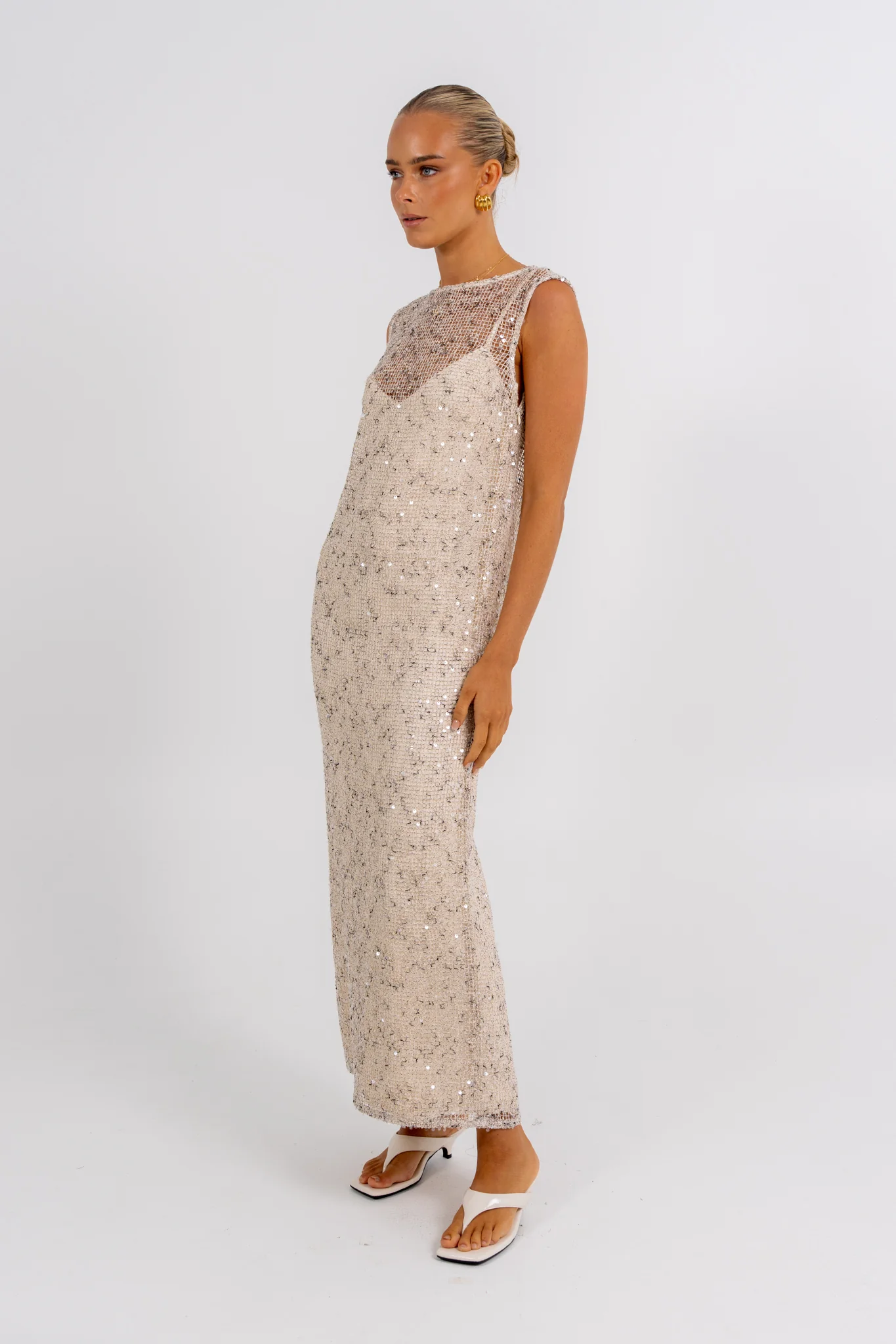 Zelia Sequin Maxi Dress Beige - Image 3