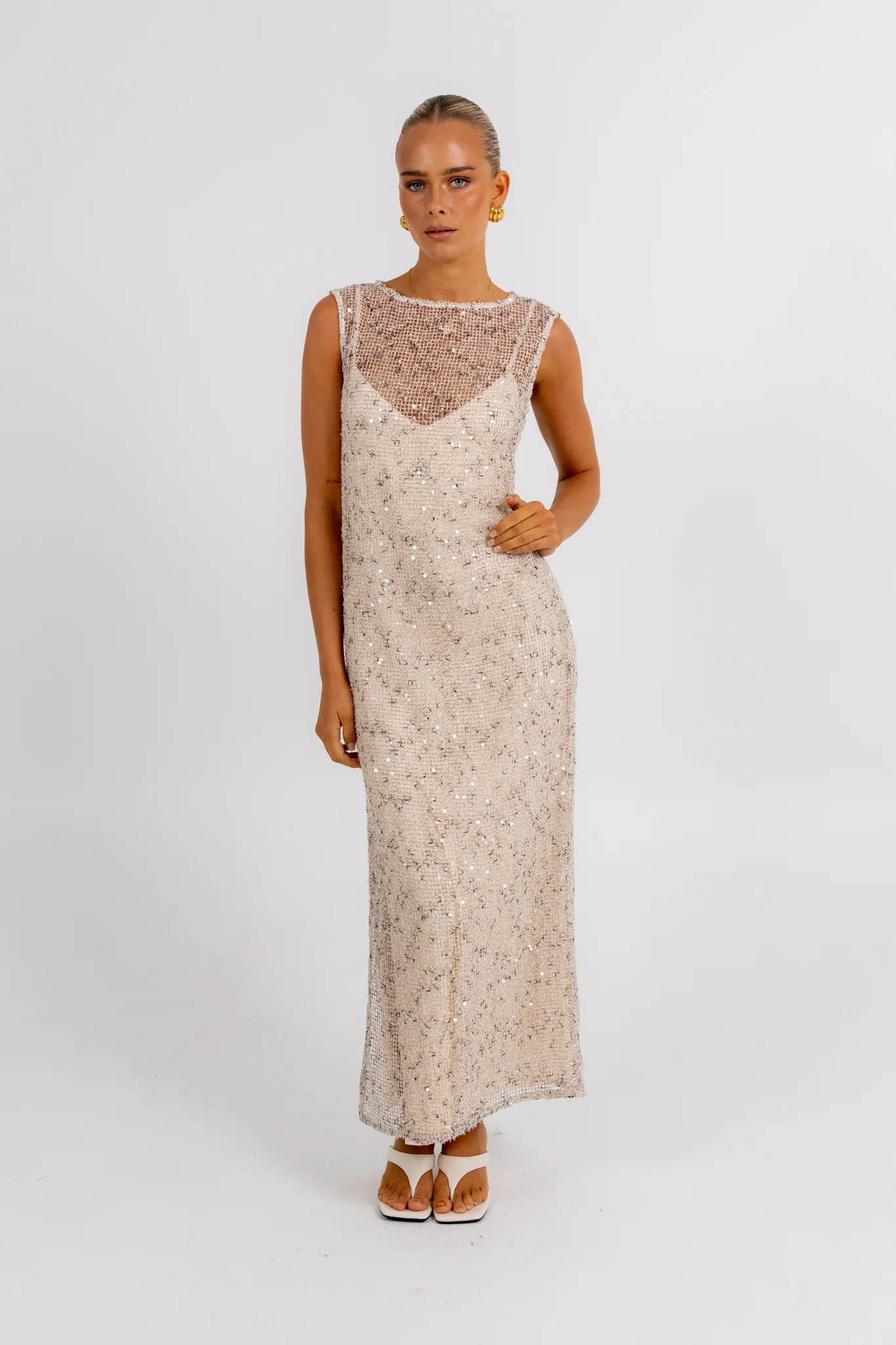 Zelia Sequin Maxi Dress Beige - Image 6