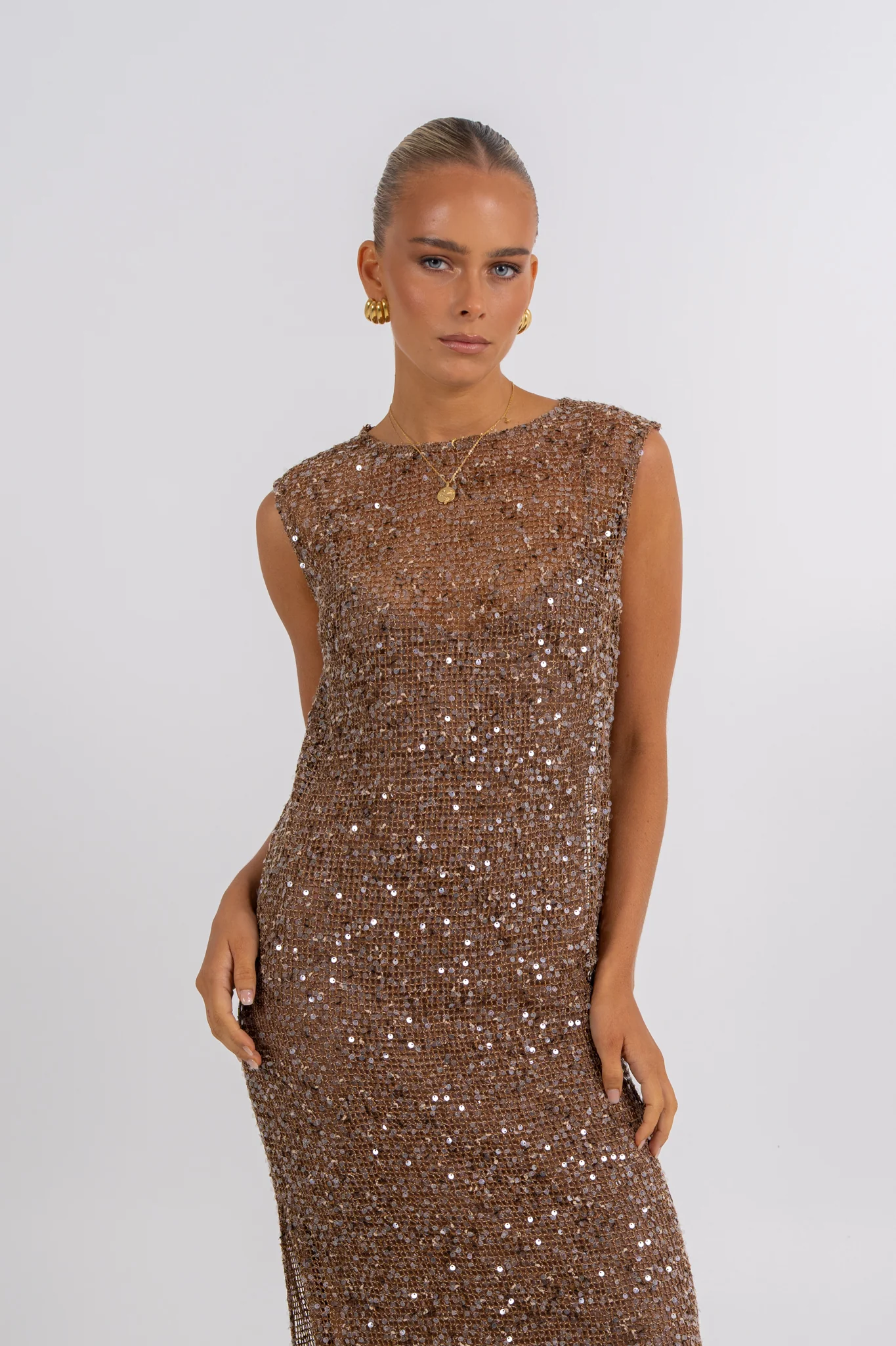 Zelia Sequin Maxi Dress Chocolate - Image 5