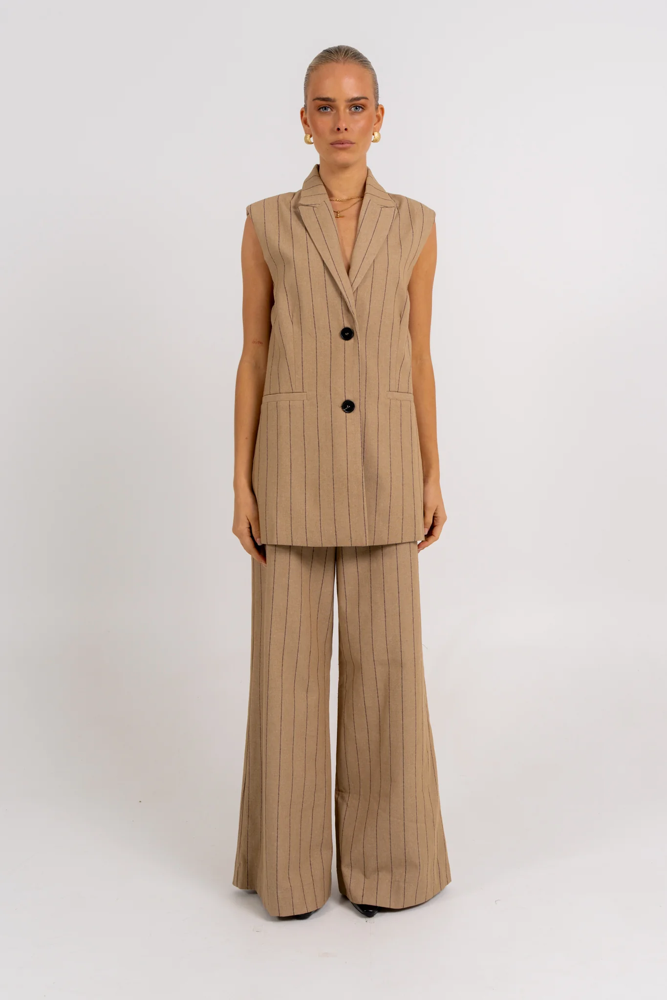 Josie Blazer Vest Beige Pinstripe - Image 10