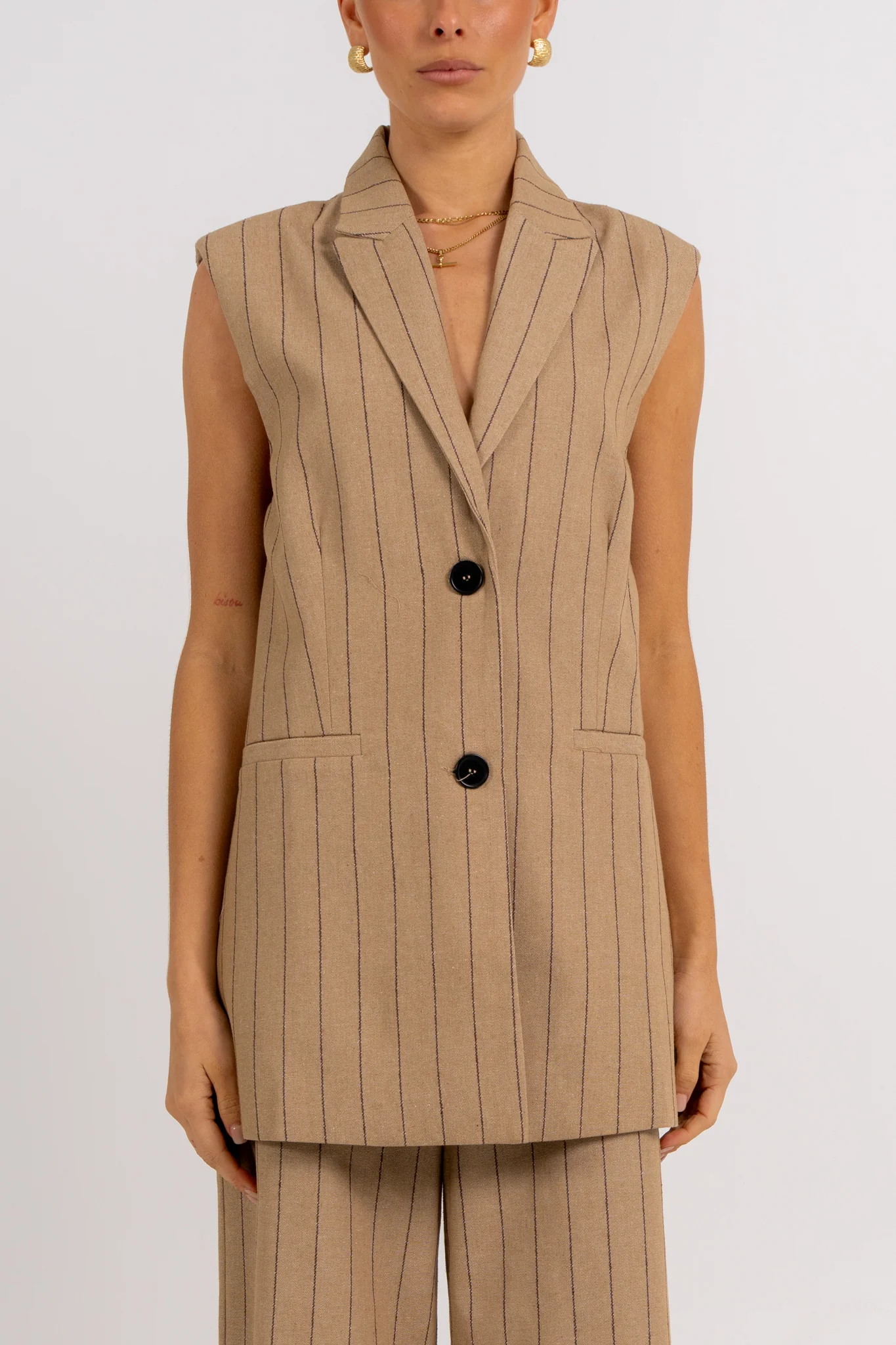 Josie Blazer Vest Beige Pinstripe - Image 12