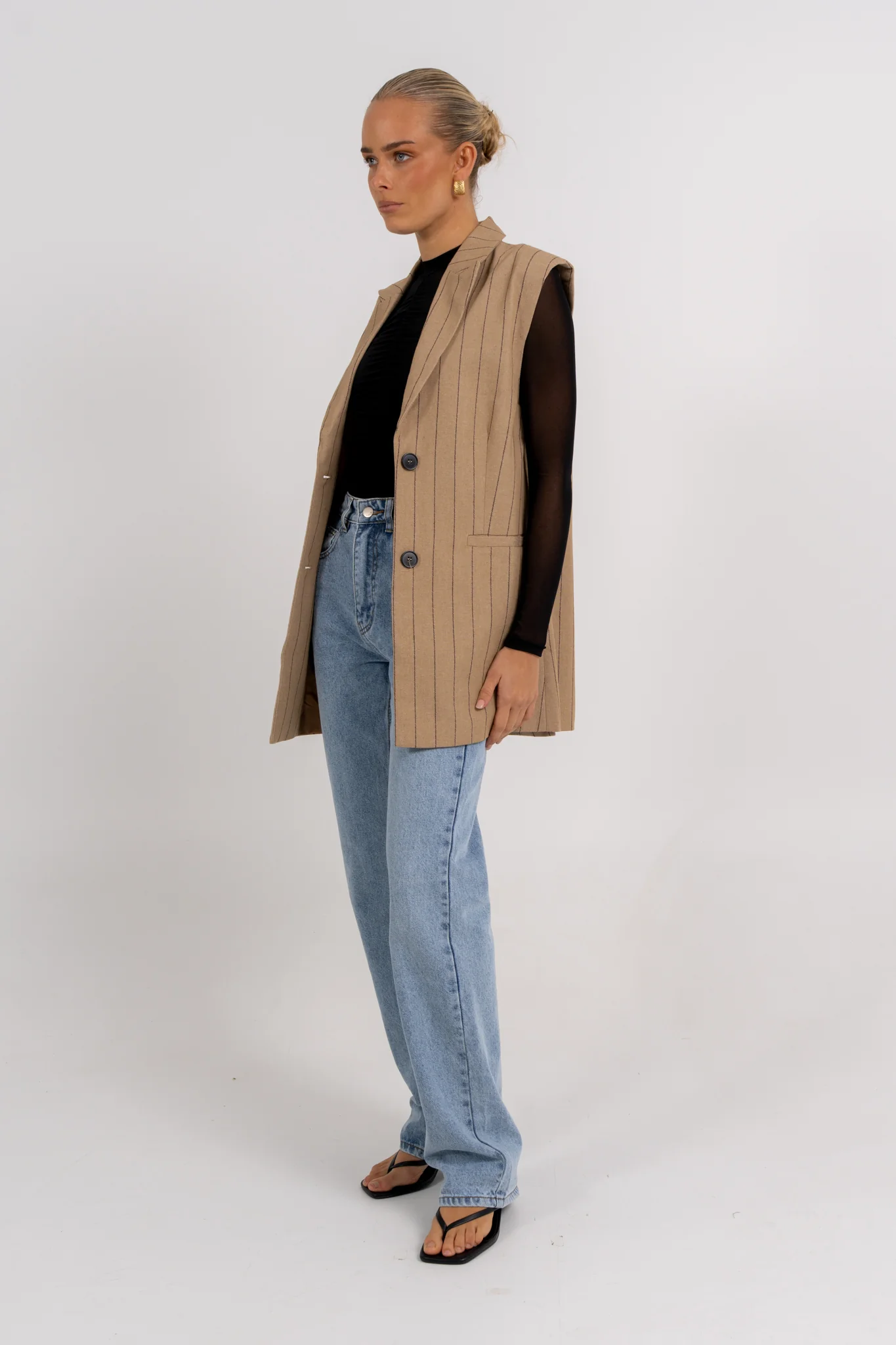 Josie Blazer Vest Beige Pinstripe - Image 14