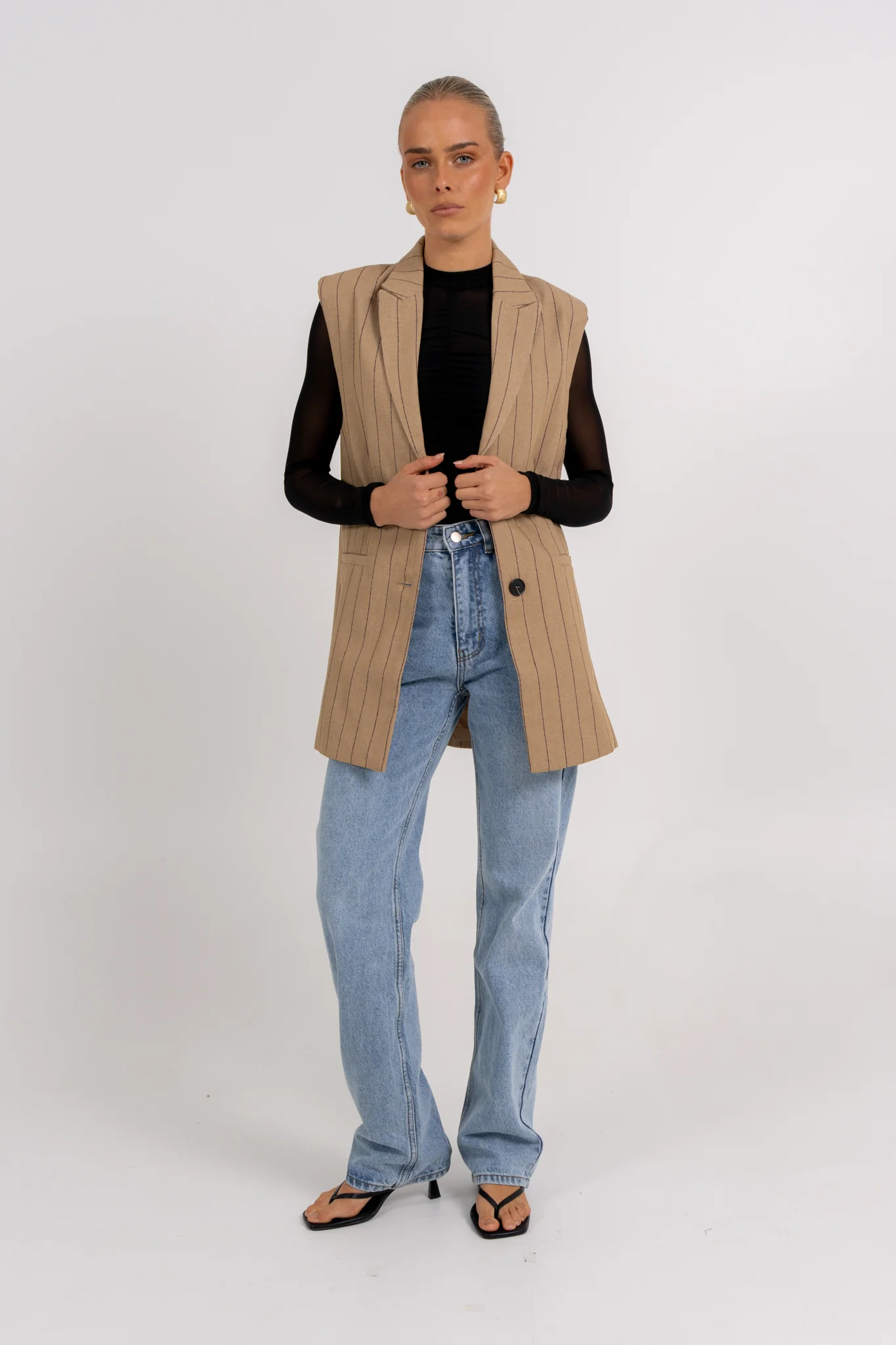 Josie Blazer Vest Beige Pinstripe - Image 6