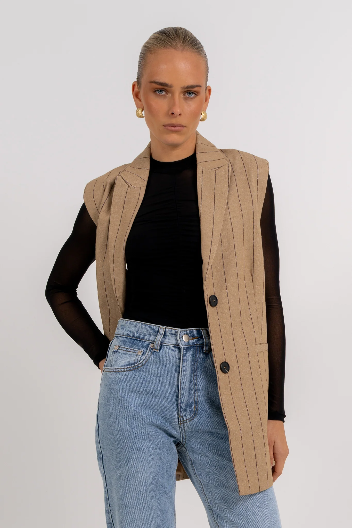Josie Blazer Vest Beige Pinstripe - Image 7