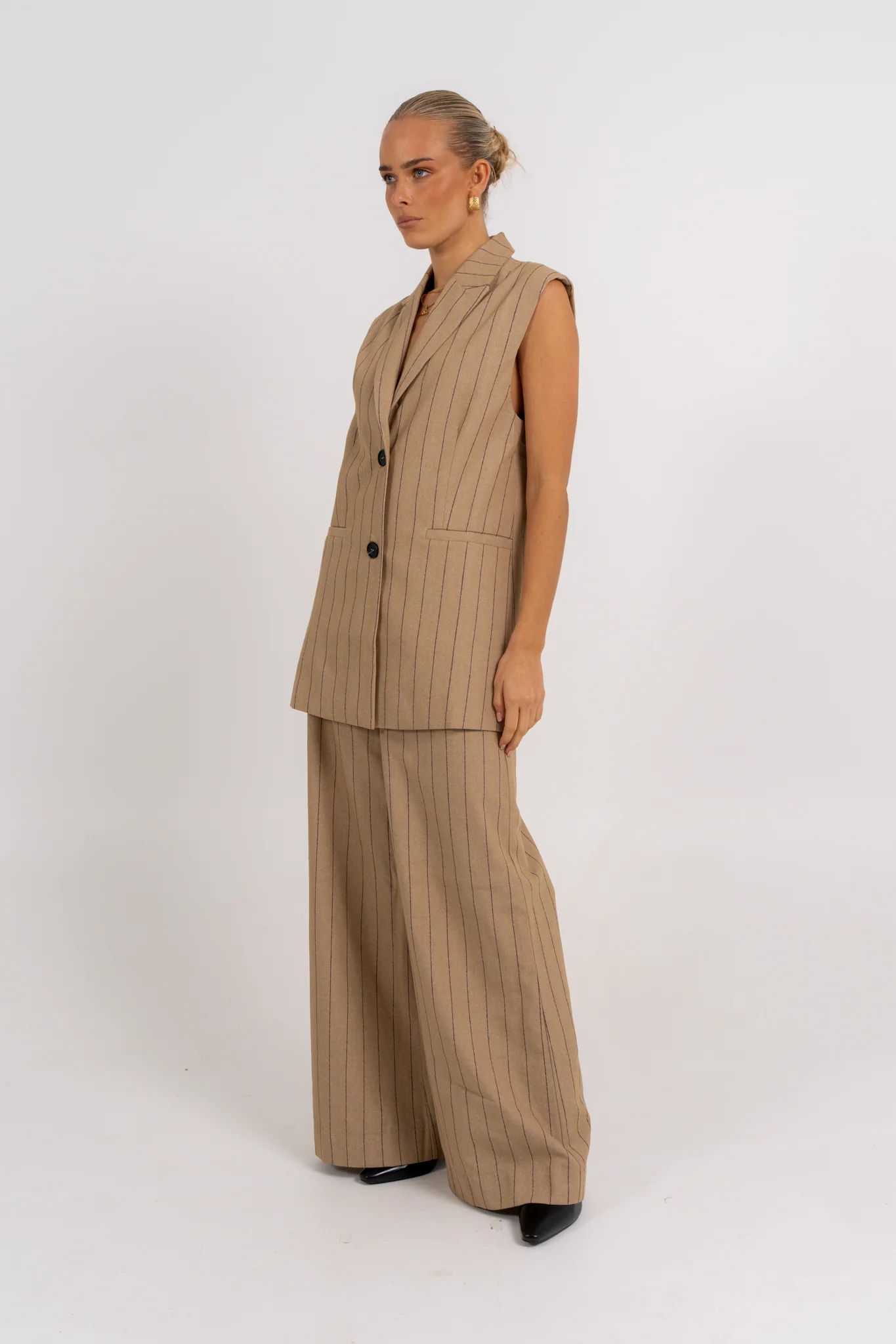 Josie Blazer Vest Beige Pinstripe - Image 8