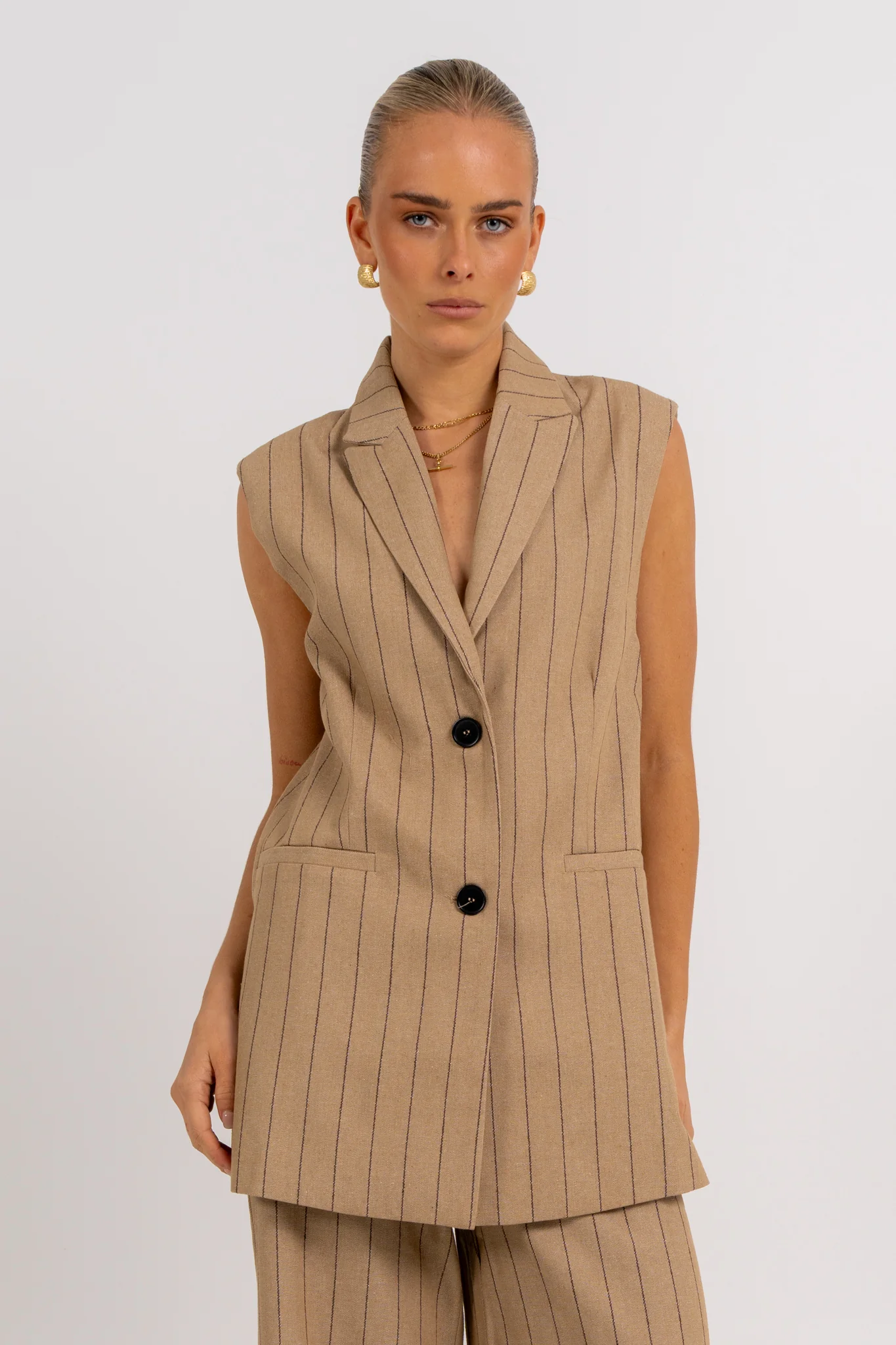 Josie Blazer Vest Beige Pinstripe - Image 9