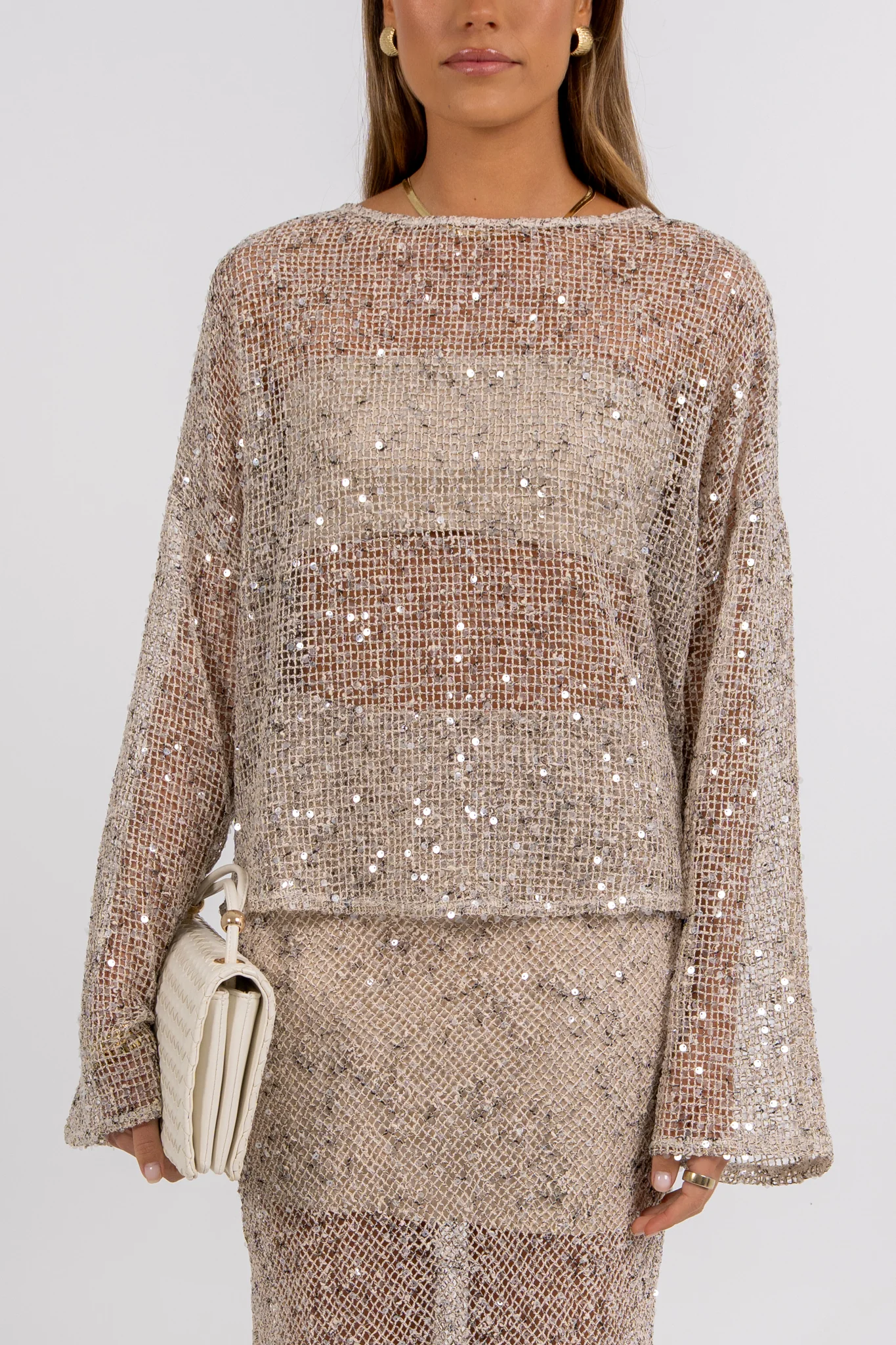 Mae Sequin Top Beige